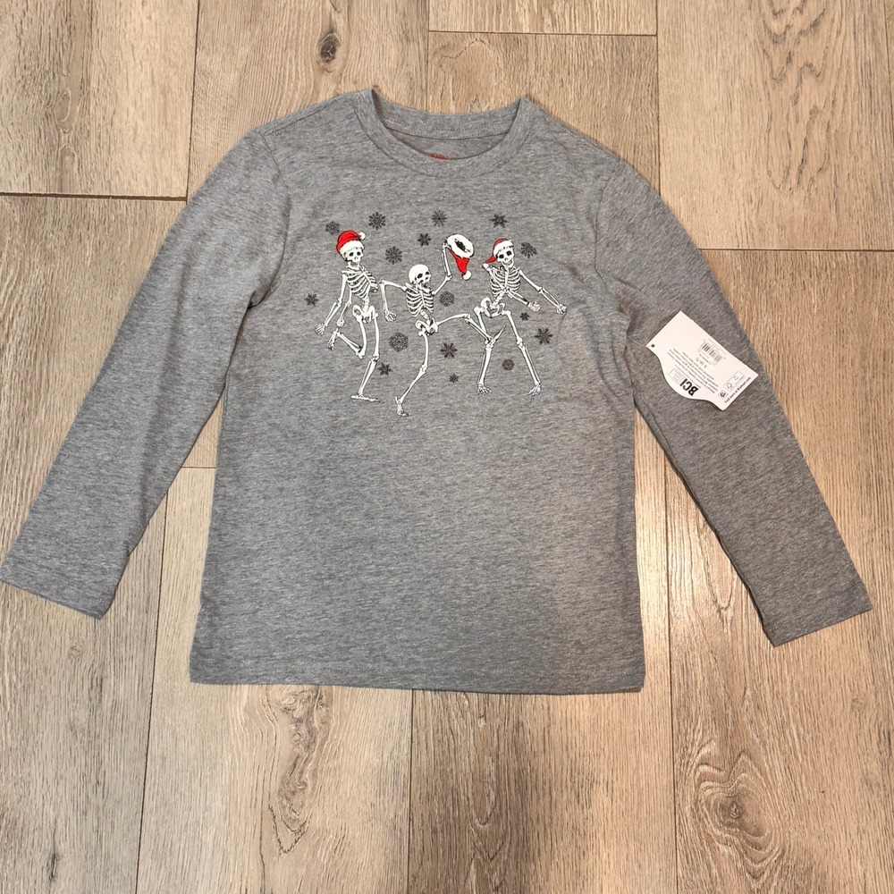 Holiday Time Kids Gray Christmas Skeletons Long Sleeve T‎ Shirt Small S (6-7)